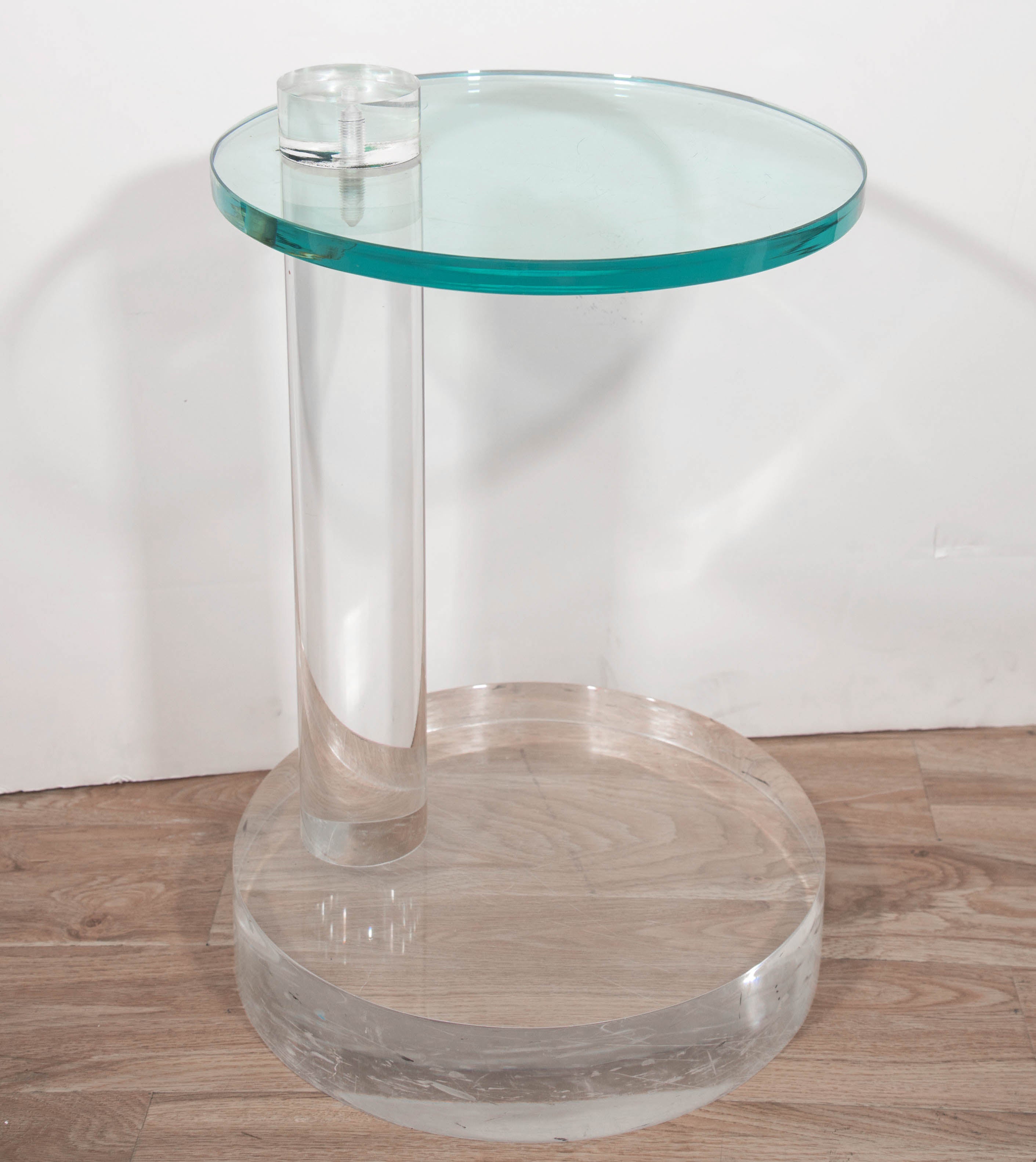 1970's Round Thick Lucite Base End Table with Glass Top