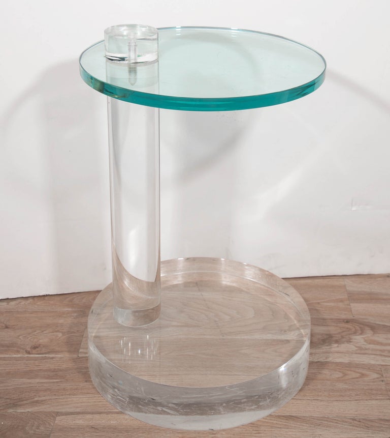 1970's Round Thick Lucite Base End Table with Glass Top For Sale at 1stDibs