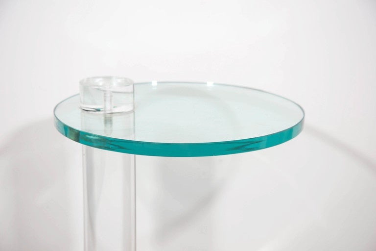 Mid-Century Modern 1970's Round Thick Lucite Base End Table with Glass Top