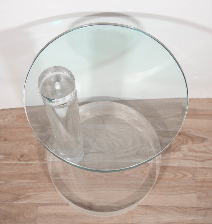1970's Round Thick Lucite Base End Table with Glass Top In Good Condition In New York, NY