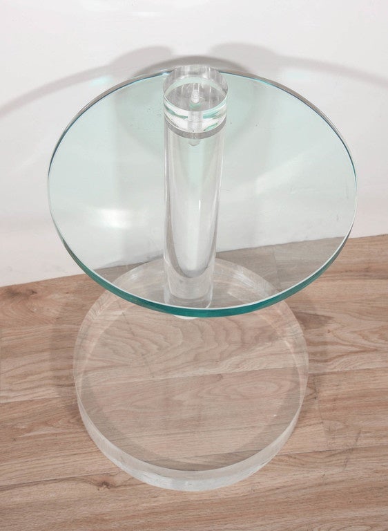 Late 20th Century 1970's Round Thick Lucite Base End Table with Glass Top