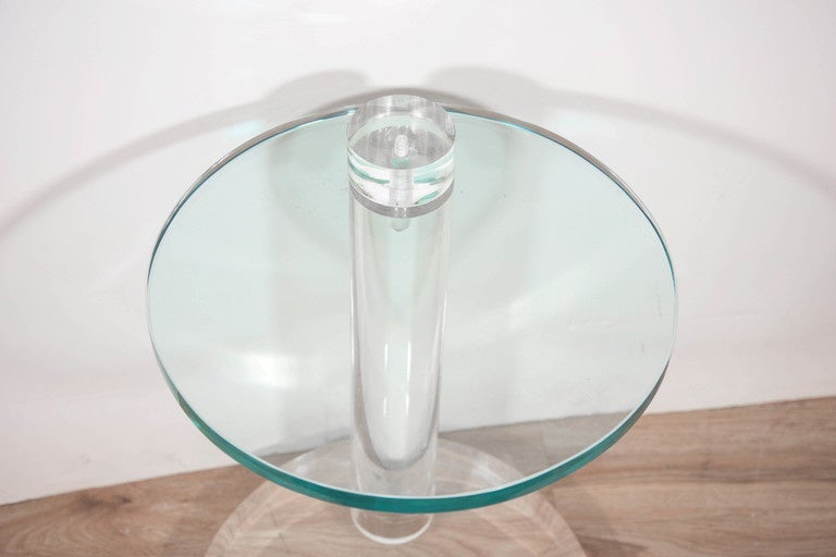 1970's Round Thick Lucite Base End Table with Glass Top 1
