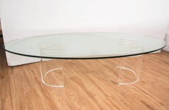 Midcentury Coffee Table with Glass Oval Top on Two 'C' Form Lucite Bases