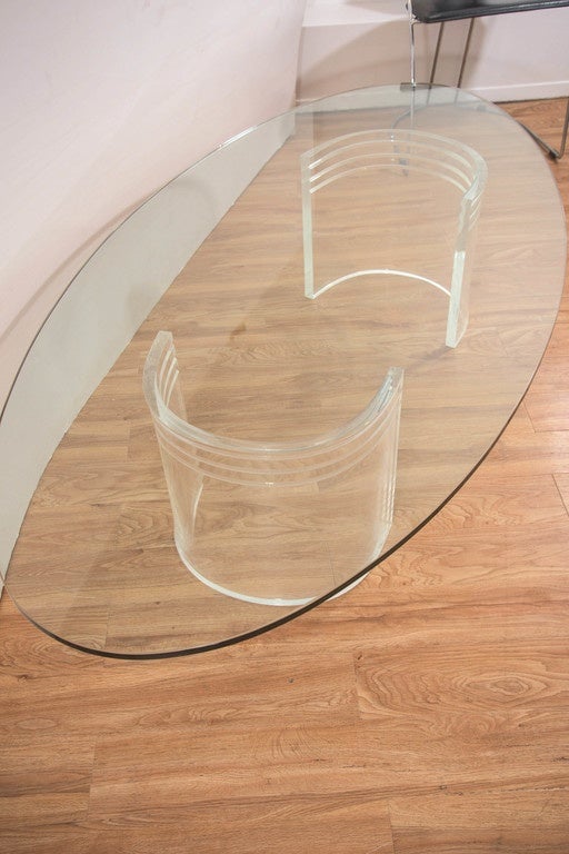 Midcentury Coffee Table with Glass Oval Top on Two 'C' Form Lucite Bases 3