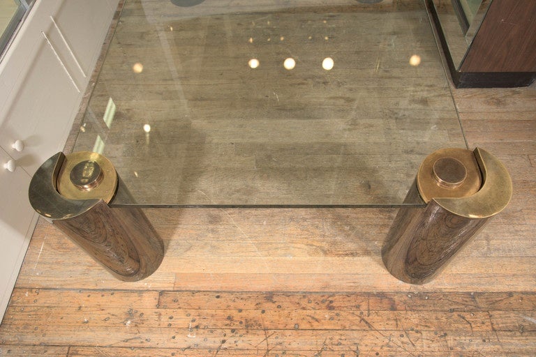 Late 20th Century Karl Springer Glass Top Coffee Table with Cylindrical Chrome and Brass Legs