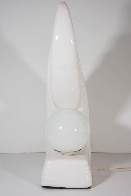 Pair of Midcentury Ceramic Art Deco Wave Table Lamps with Milk Glass