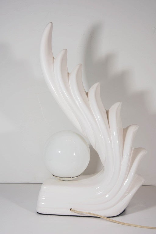 Pair of Midcentury Ceramic Art Deco Wave Table Lamps with Milk Glass