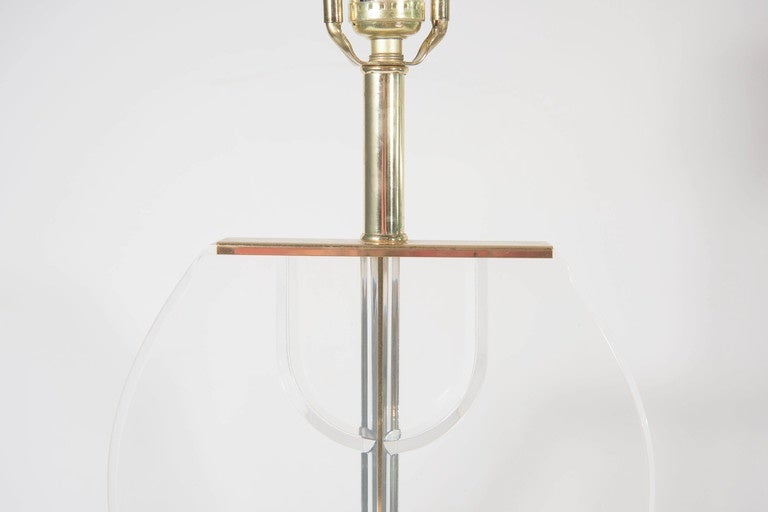 Plated Pair of 1970's Table Lamps in Lucite and Brass