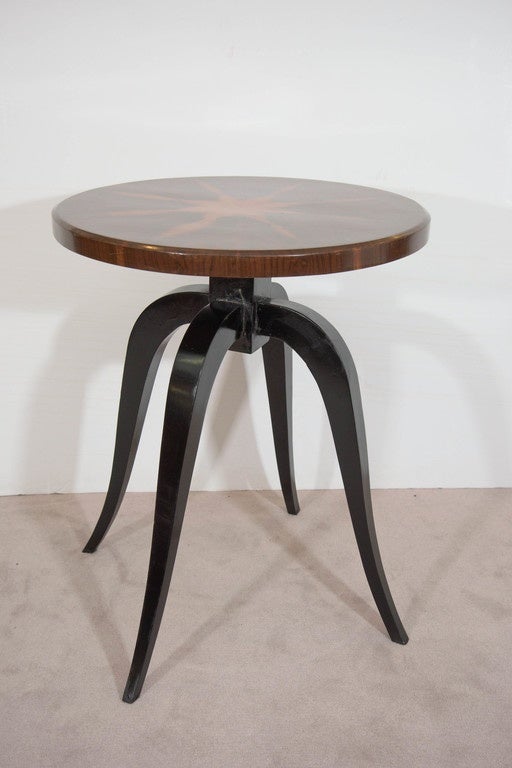 Midcentury Art Deco Side Table with Burl Wood Top and Ebonized Tripod Legs 1