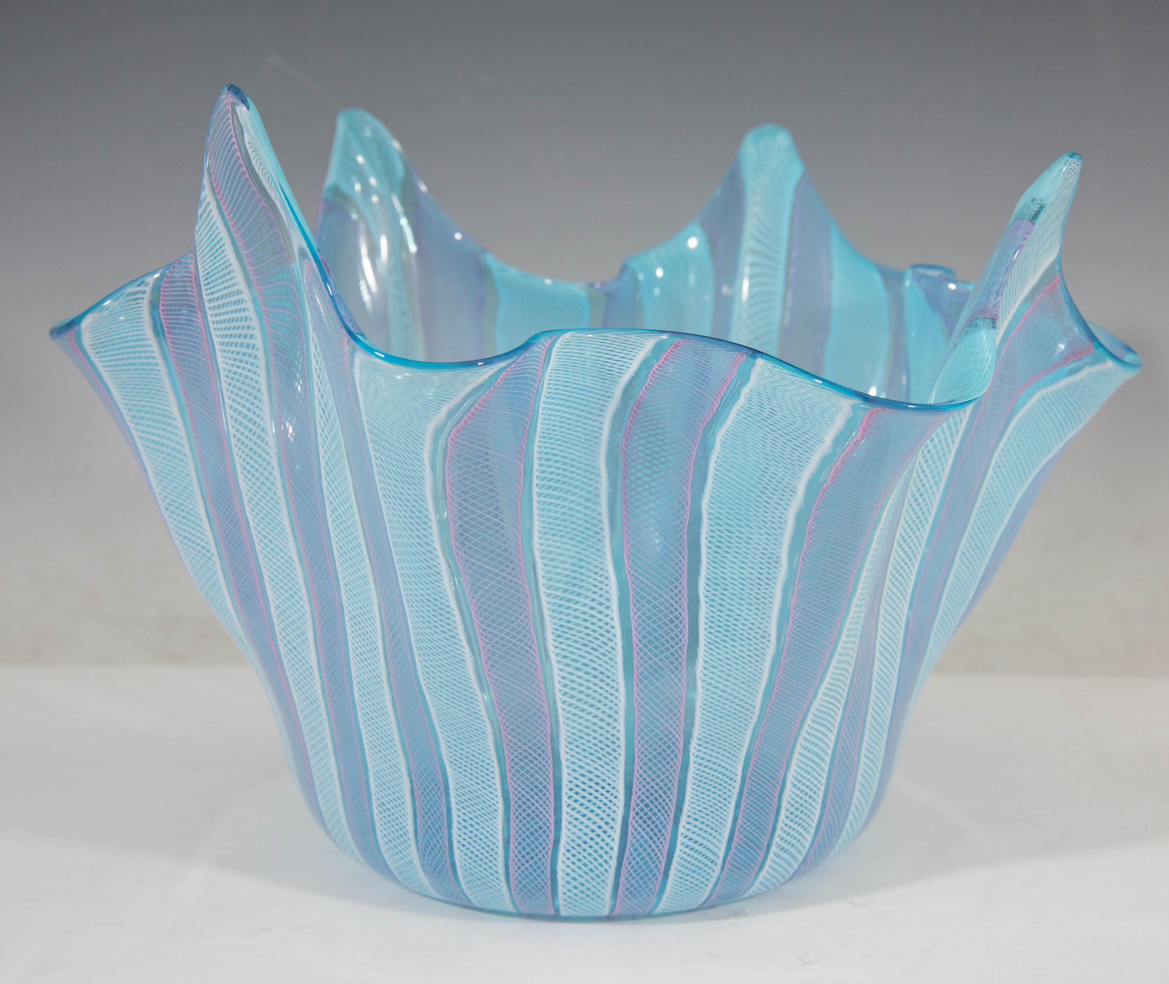 Blue Glass 
Handkerchief
 Vase with Latticino in White and Rose by Venini