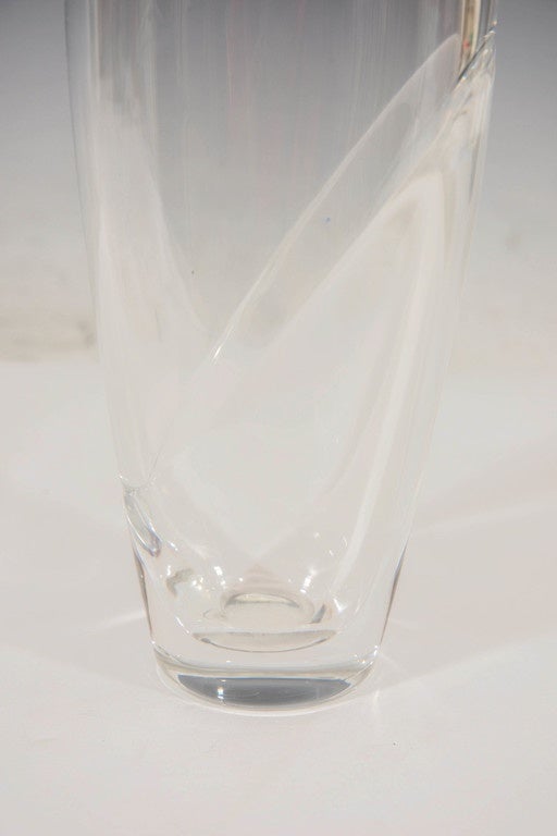 A Swedish vintage cased glass crystal vase, produced circa 1960s by Orrefors, designed by Sven Palmquist (1906-1984), with curved detailing in the Art Deco style. Markings include etched signature on the bottom [Orrefors PU 3701], indicating