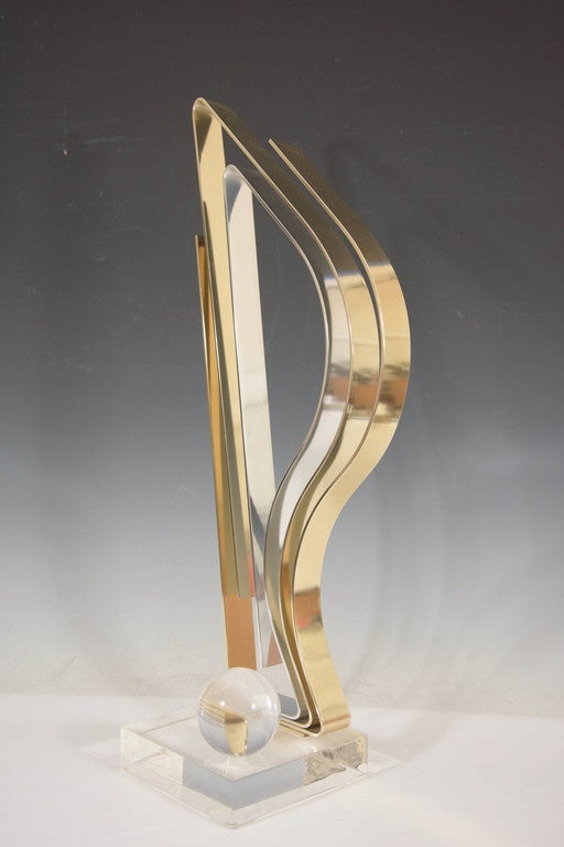 American Dan Murphy Kinetic Flame Sculpture in Brass and Chrome on Lucite Base For Sale