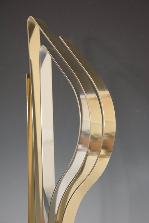 Polished Dan Murphy Kinetic Flame Sculpture in Brass and Chrome on Lucite Base For Sale