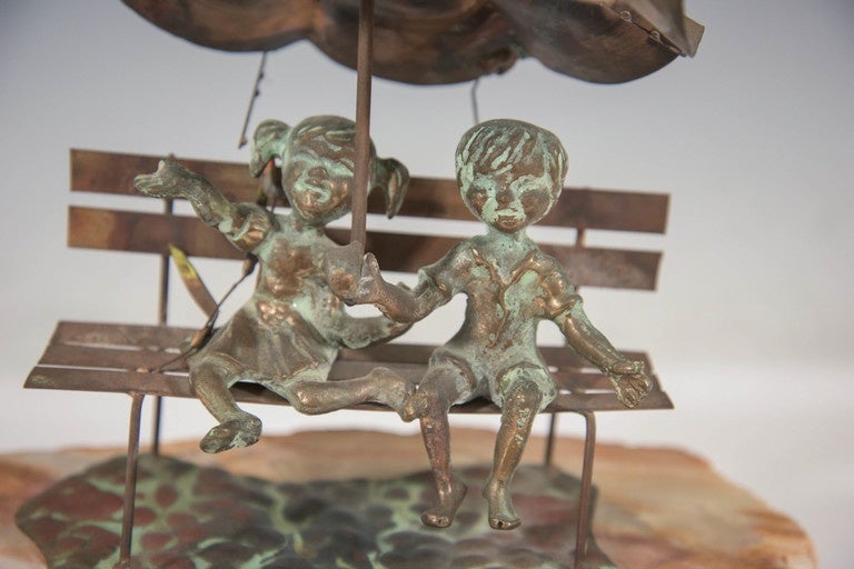 Mid-Century Modern Curtis Jere Brass Sculpture of Two Children with Umbrella on Park Bench
