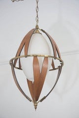 Scandinavian Midcentury Teak and Brass Pendant with Milk Glass Shade