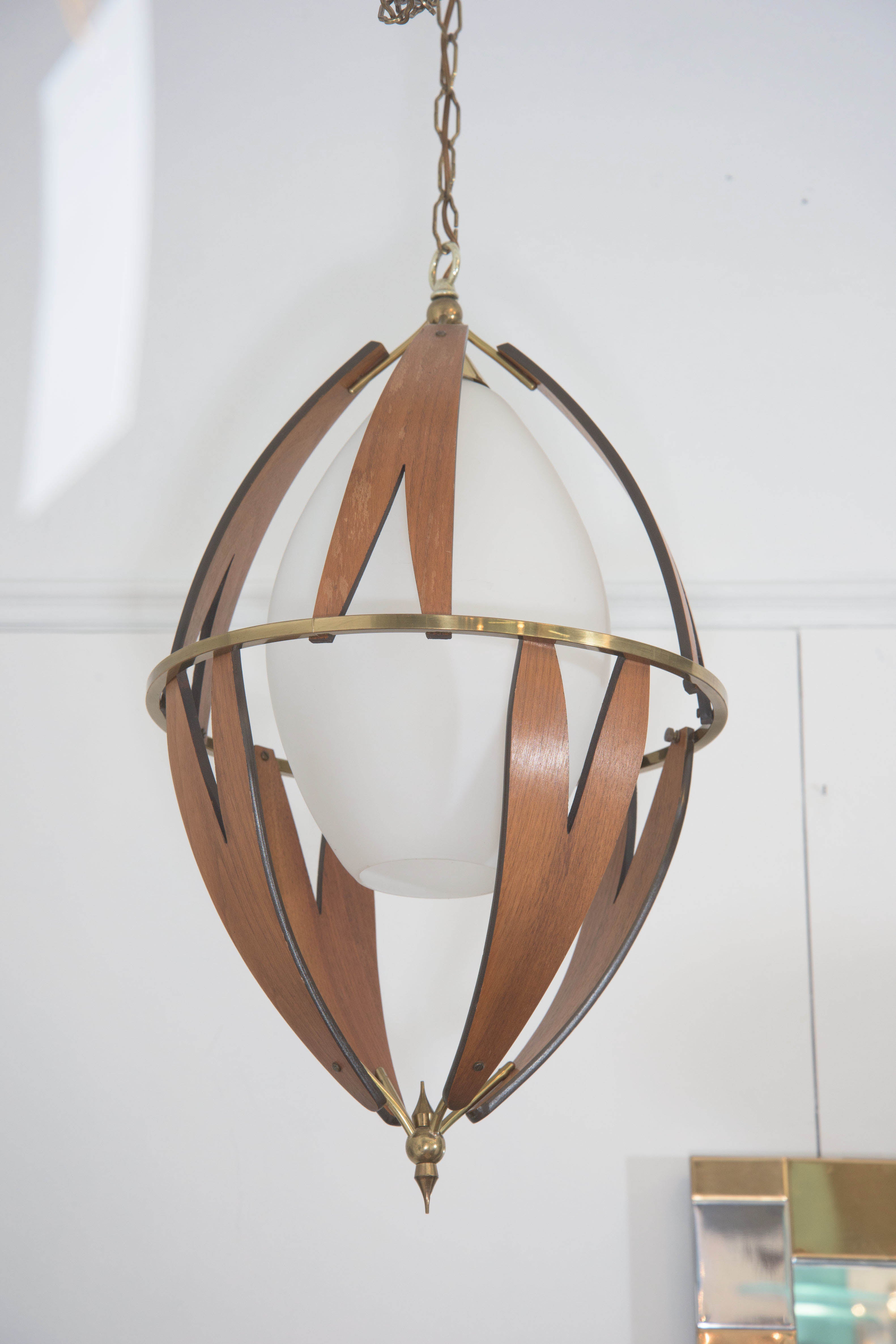 Scandinavian Midcentury Teak and Brass Pendant with Milk Glass Shade