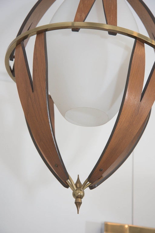 Scandinavian Modern Scandinavian Midcentury Teak and Brass Pendant with Milk Glass Shade