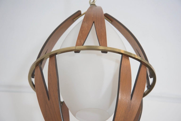 European Scandinavian Midcentury Teak and Brass Pendant with Milk Glass Shade