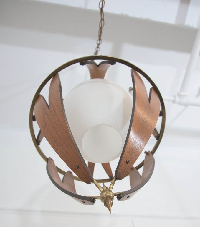 Polished Scandinavian Midcentury Teak and Brass Pendant with Milk Glass Shade