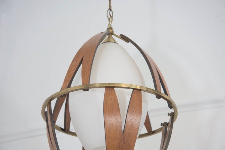 Scandinavian Midcentury Teak and Brass Pendant with Milk Glass Shade In Good Condition In Astoria, NY