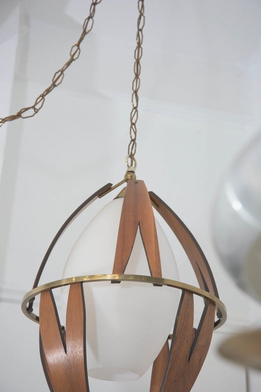 Mid-20th Century Scandinavian Midcentury Teak and Brass Pendant with Milk Glass Shade