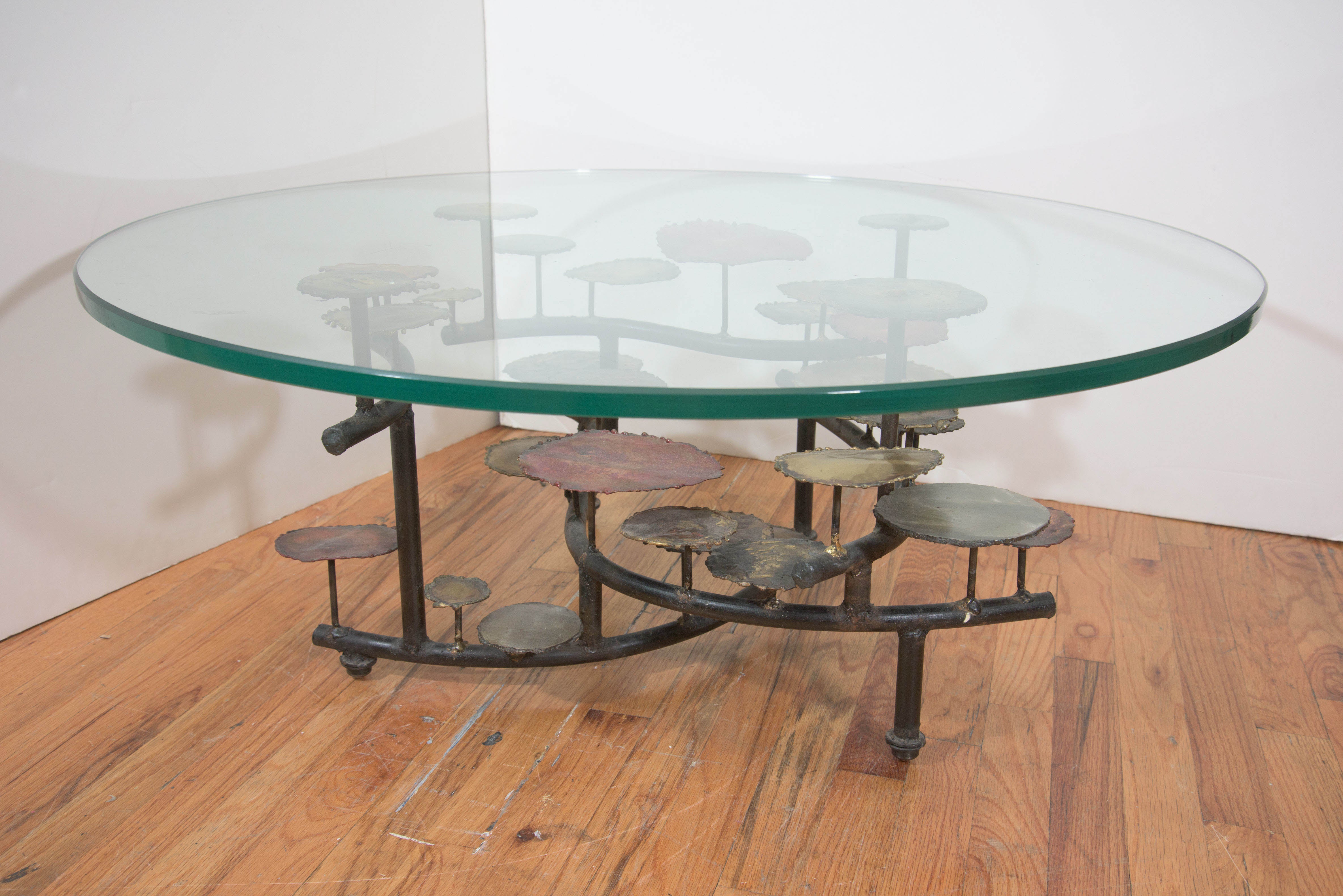 Silas Seandel Mixed Metal Lily Pad Coffee Table with Round Glass Top