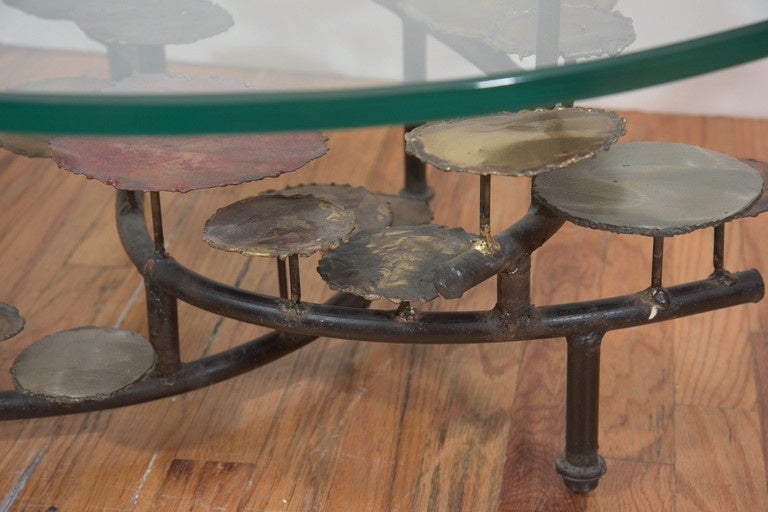 Brutalist Silas Seandel Mixed Metal Lily Pad Coffee Table with Round Glass Top