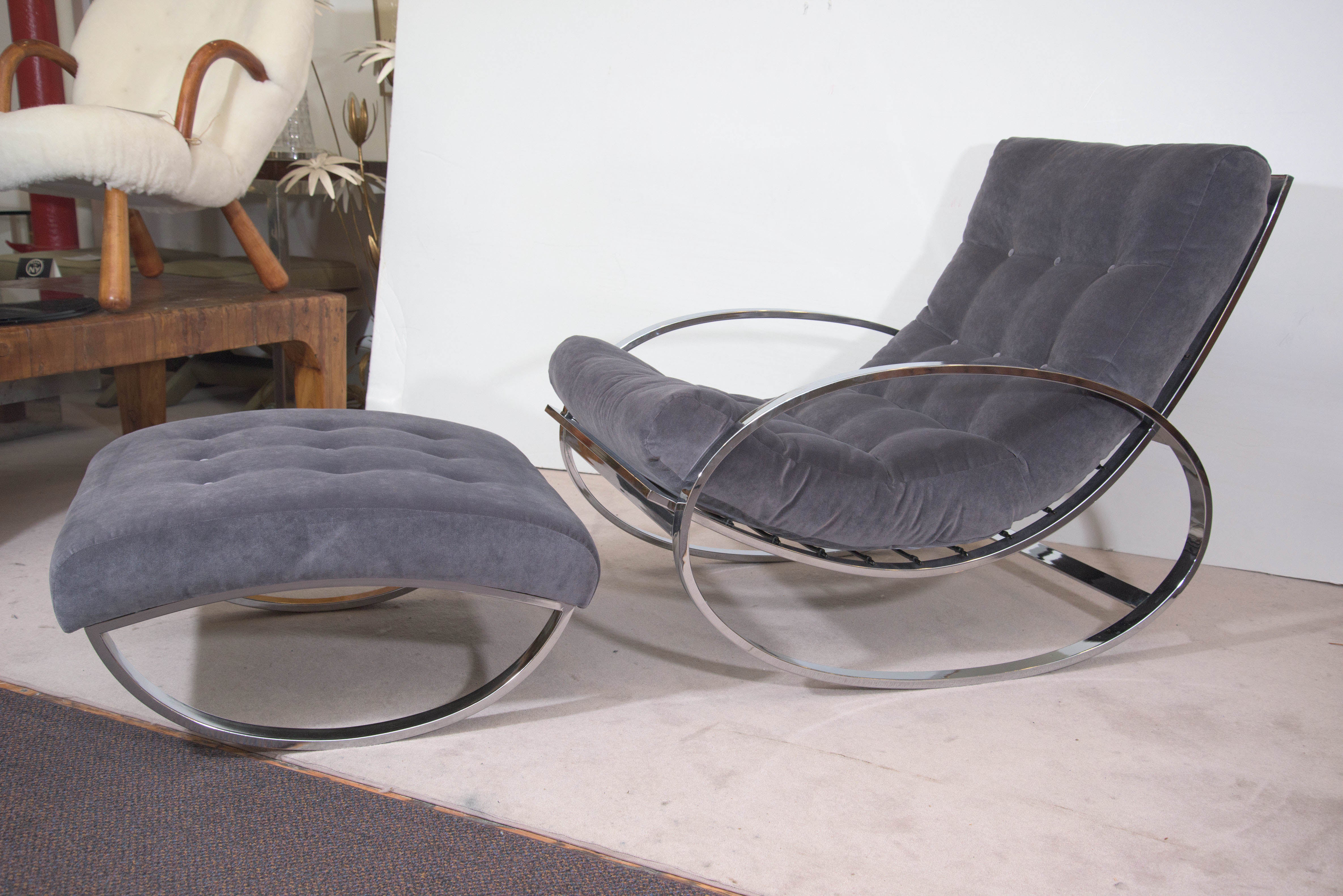 Renato Zevi Chrome Lounge Chair and Ottoman Set in the Style of Milo Baughman