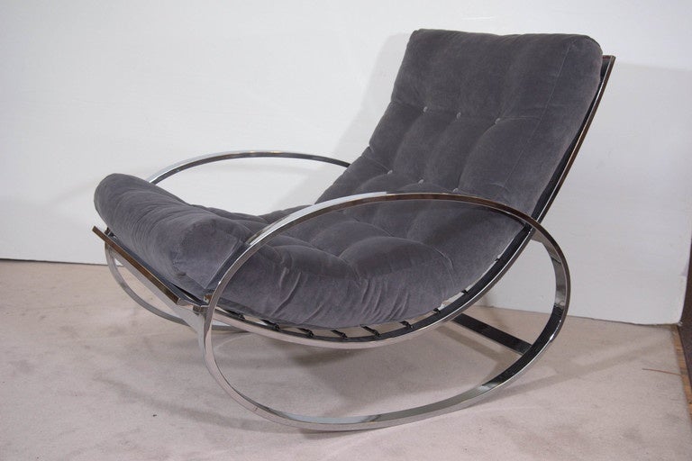 Mid-Century Modern Renato Zevi Chrome Lounge Chair and Ottoman Set in the Style of Milo Baughman