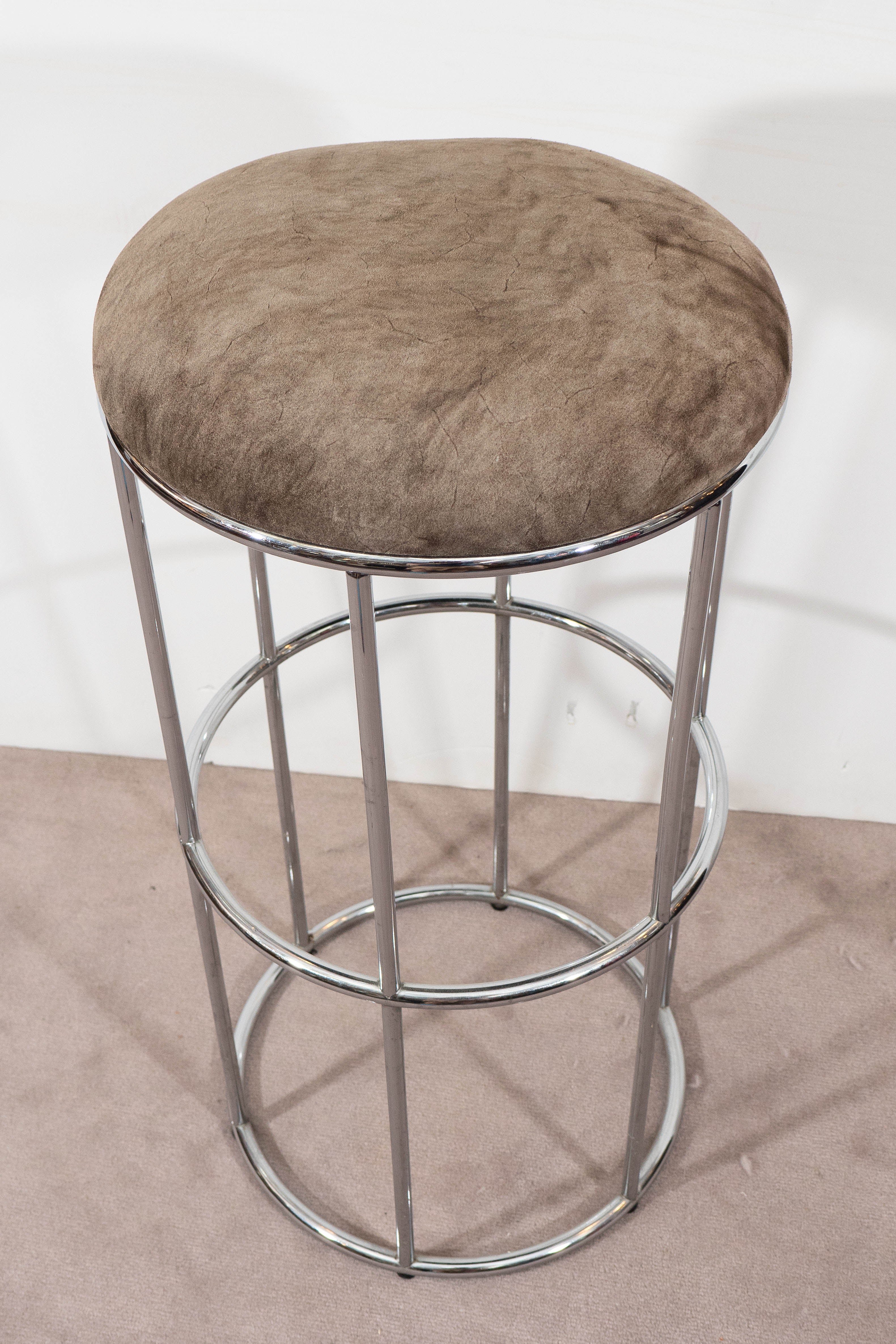 Mid-20th Century Set of Three Mid-Century Round Chrome and Suede Barstools with Tubular Legs