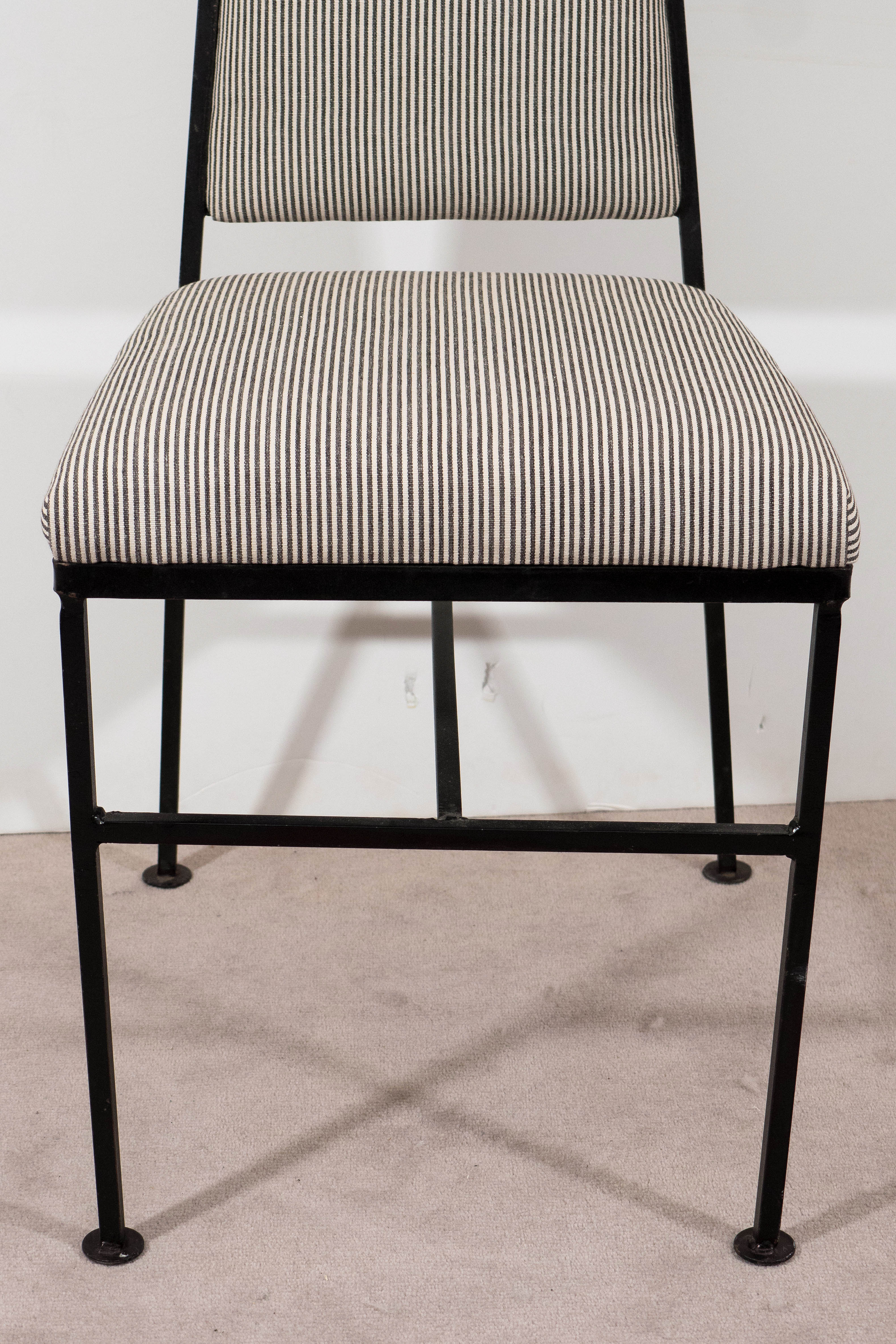 Mid-Century Modern Set of Four Midcentury Steel Side Chairs with Charcoal, Ivory Striped Upholstery