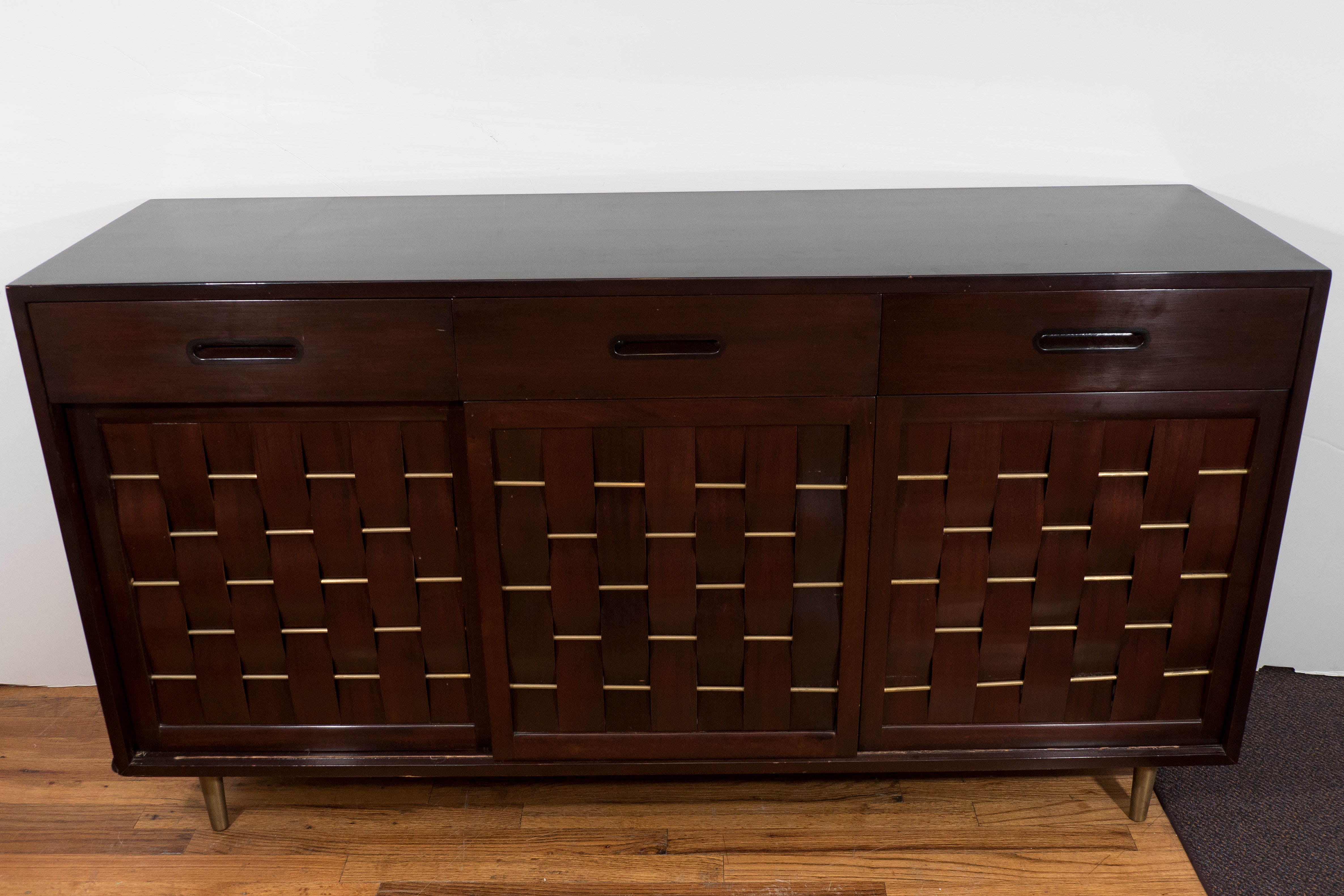 Mid-20th Century Edward Wormley Basket Weave Front Mahogany Credenza for Dunbar Furniture