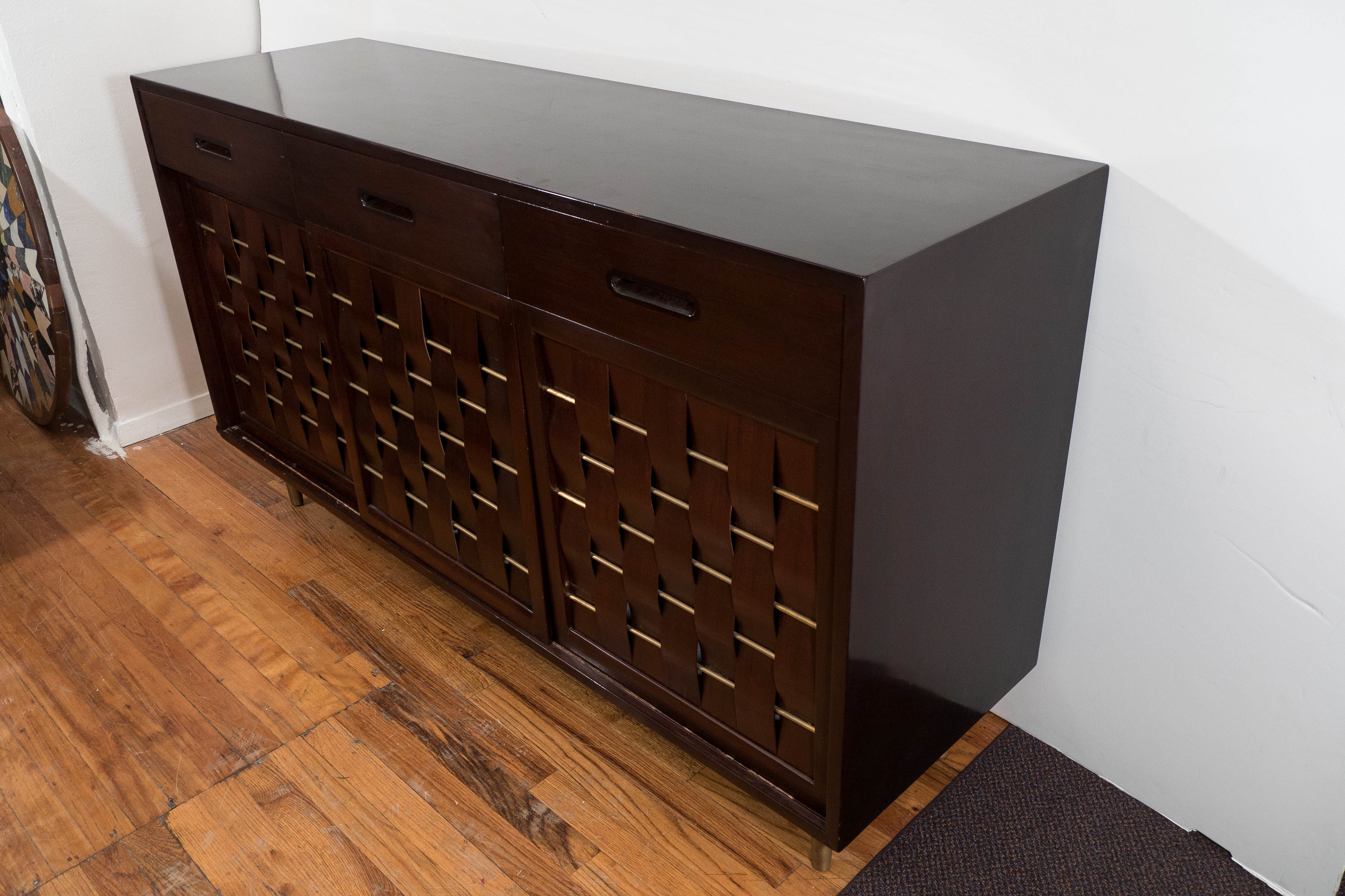 Brass Edward Wormley Basket Weave Front Mahogany Credenza for Dunbar Furniture