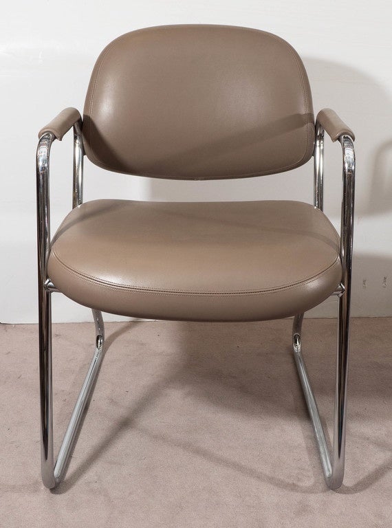 American Pair of Midcentury Shaw Walker Chrome Armchairs with Original Mushroom Leather