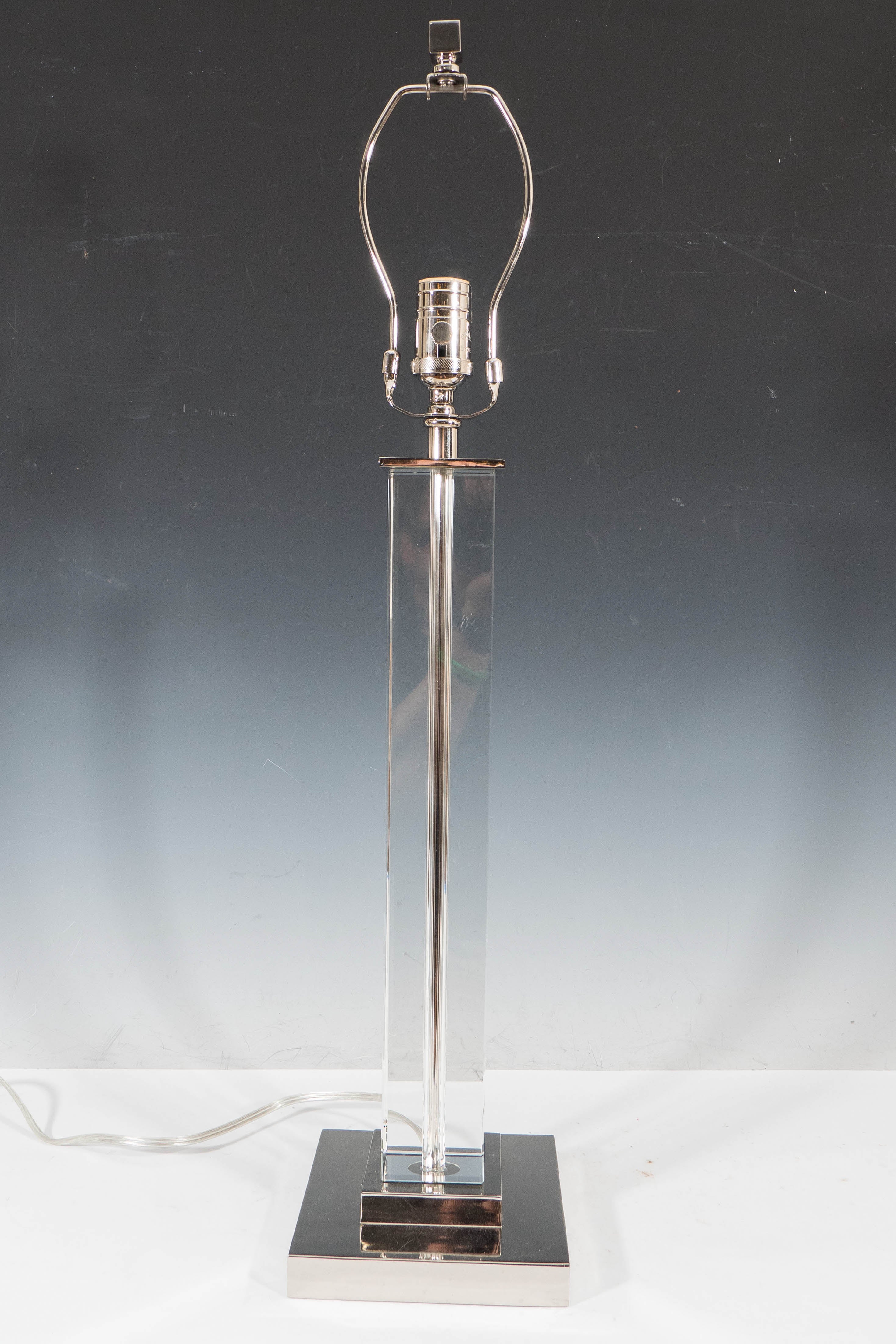 Pair of T.H. Robsjohn-Gibbings Style Lucite Table Lamps on Chrome Plate Bases