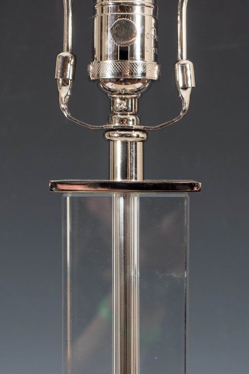 Mid-Century Modern Pair of T.H. Robsjohn-Gibbings Style Lucite Table Lamps on Chrome Plate Bases