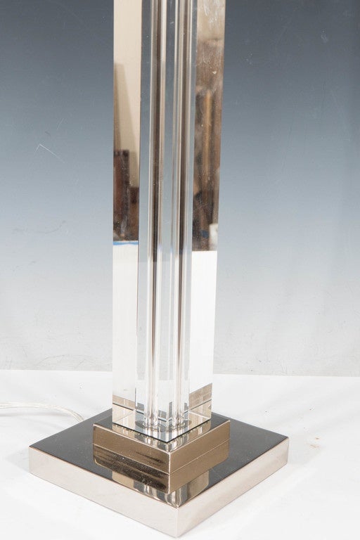Pair of T.H. Robsjohn-Gibbings Style Lucite Table Lamps on Chrome Plate Bases 1