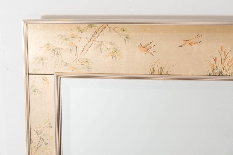 A Midcentury LaBarge Chinoiserie Hand-painted Eglomise Beveled Mirror In Good Condition In New York, NY