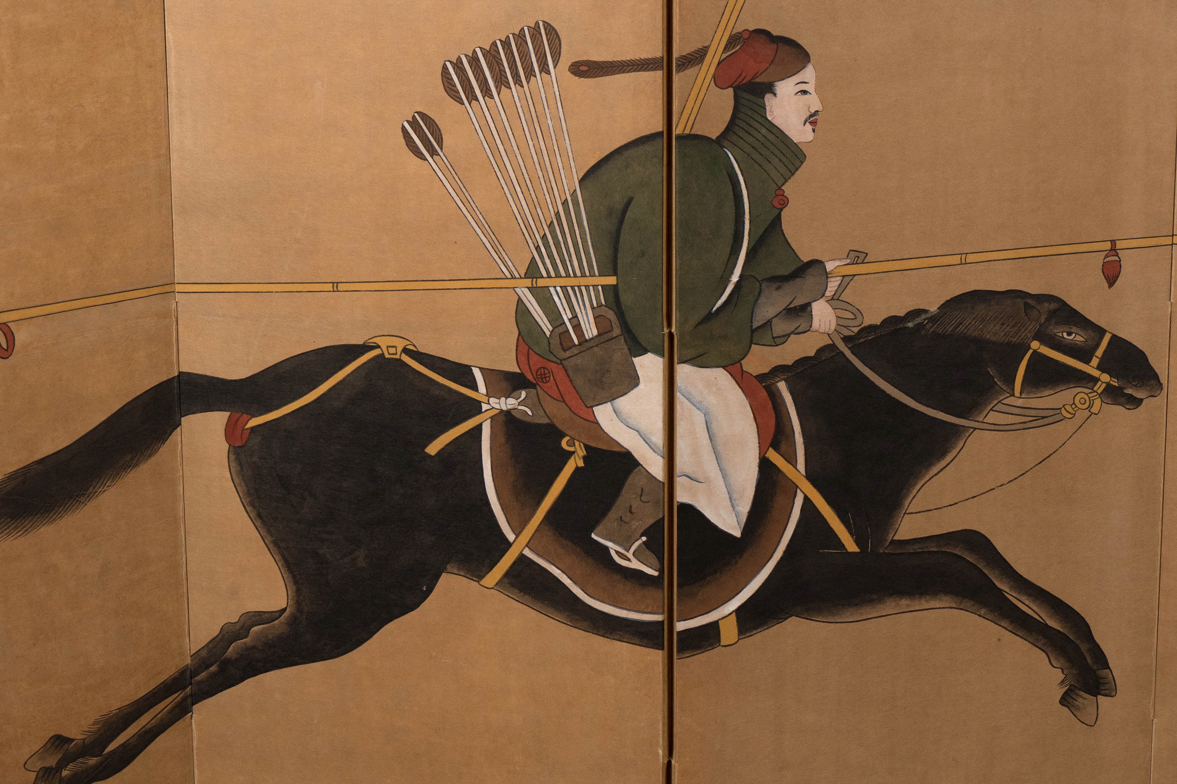 A highly unique antique Japanese four-panel screen, produced circa 1880s, in painted paper, decorated with a samurai figure on horseback, inset within a wooden frame; the image portrayed appears to be based on the painted hand-scroll entitled 'Ayusi