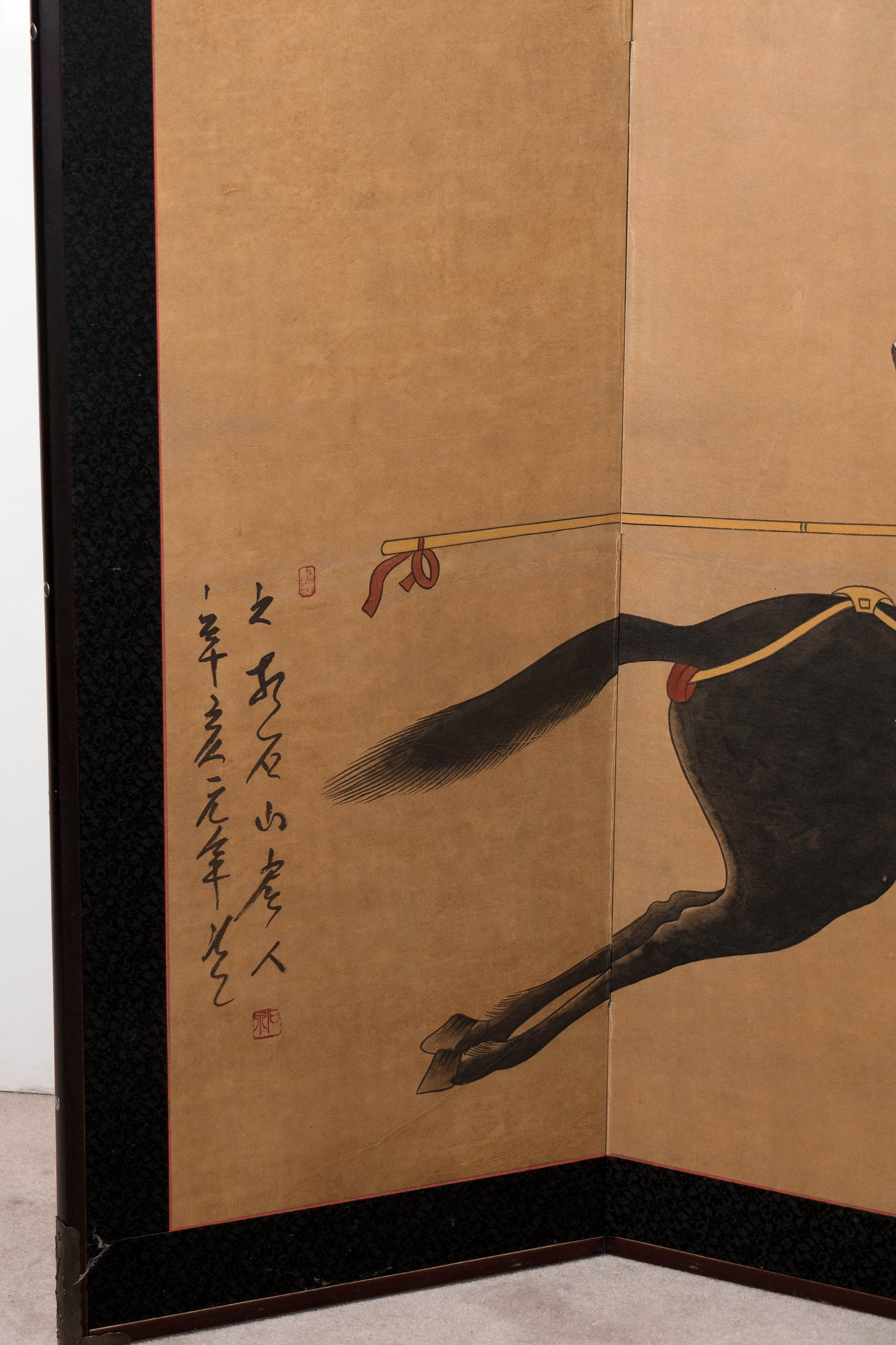 Painted Japanese Late 19th Century Four-Panel Screen of a Samurai Figure on Horseback For Sale
