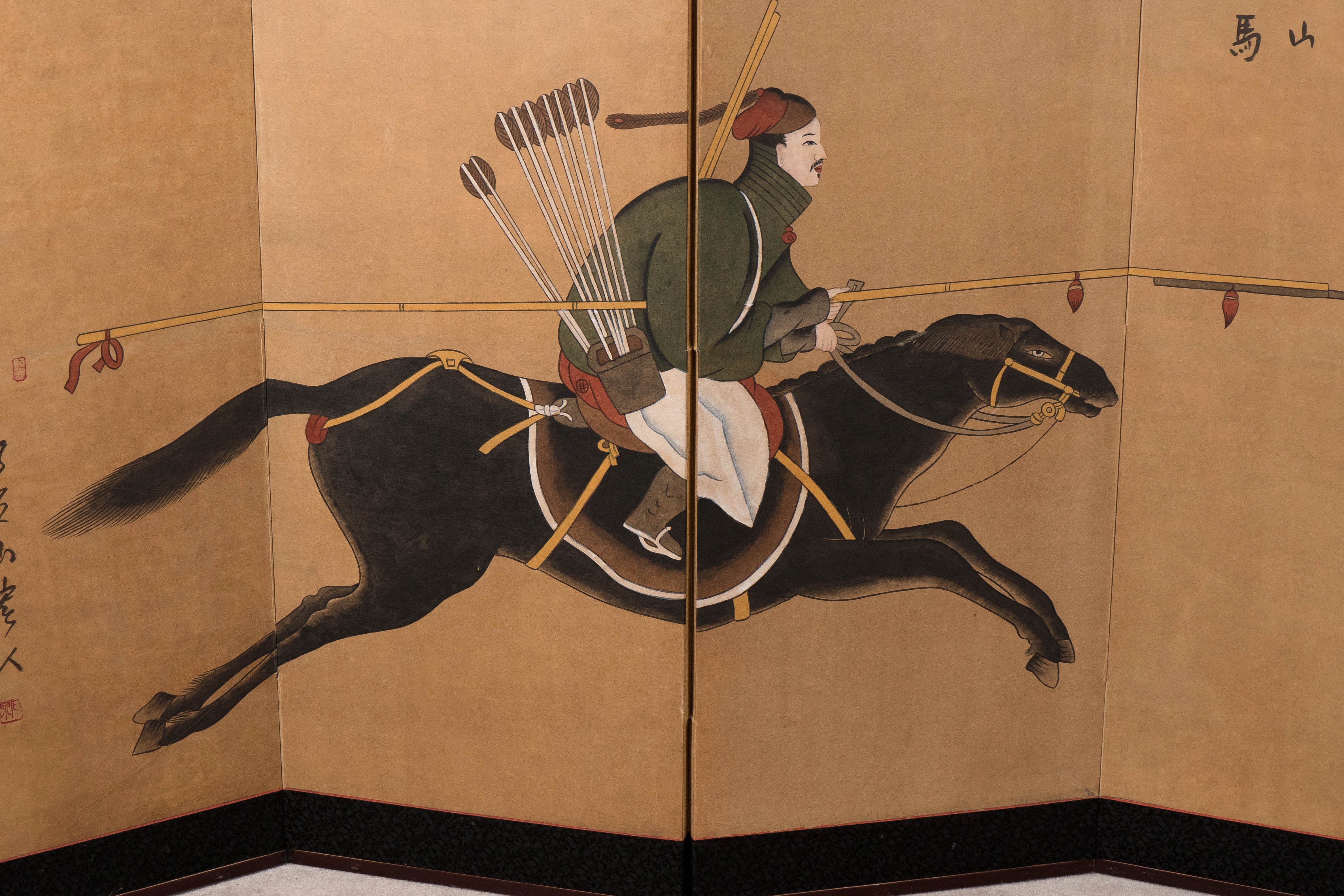 Japanese Late 19th Century Four-Panel Screen of a Samurai Figure on Horseback In Good Condition For Sale In New York, NY