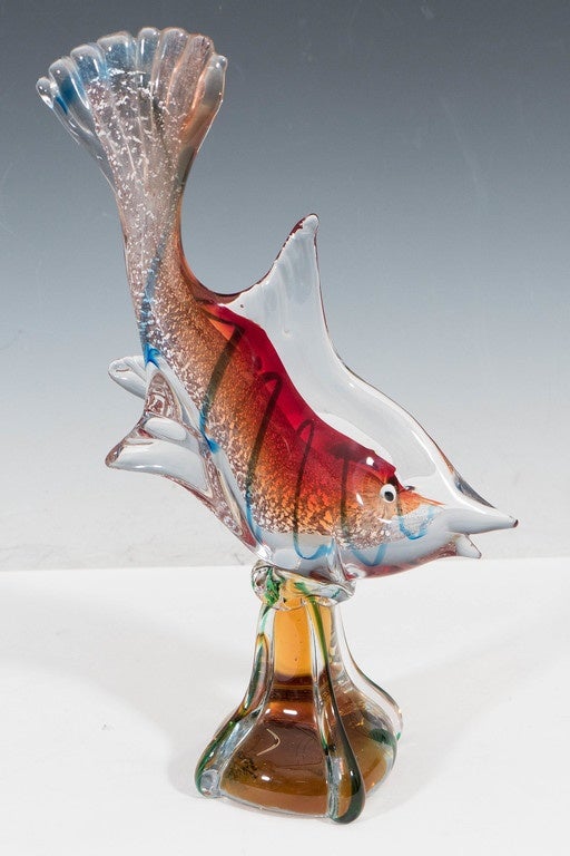 Murano Glass Sommerso Sculptural Fish with White Gold For Sale at