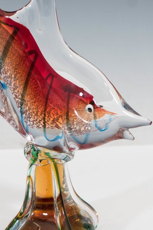 Murano Glass Sommerso Sculptural Fish with White Gold For Sale at