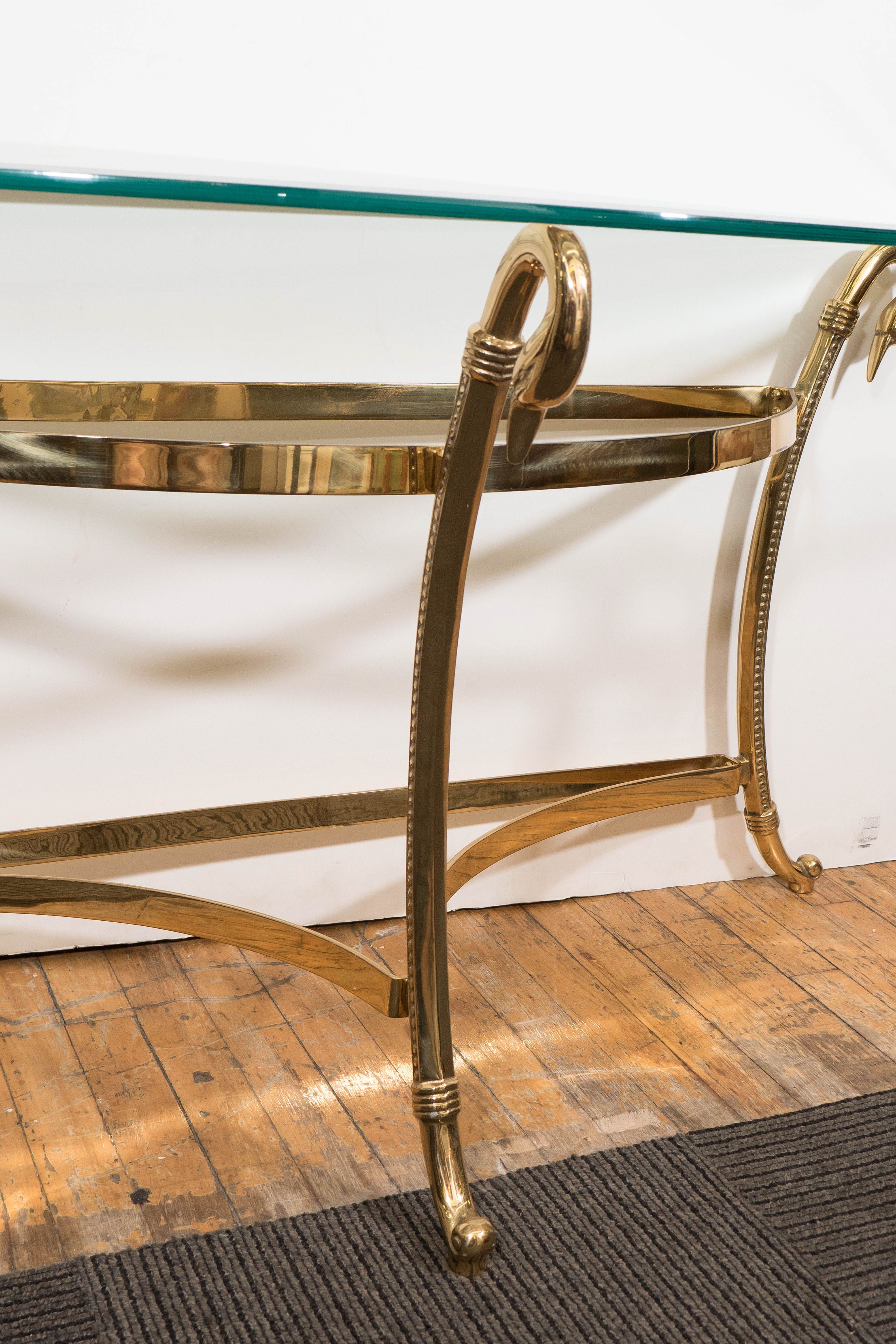 Beveled A Mid-Century Brass and Glass Top Demi-Lune Console with Swan Head Motif