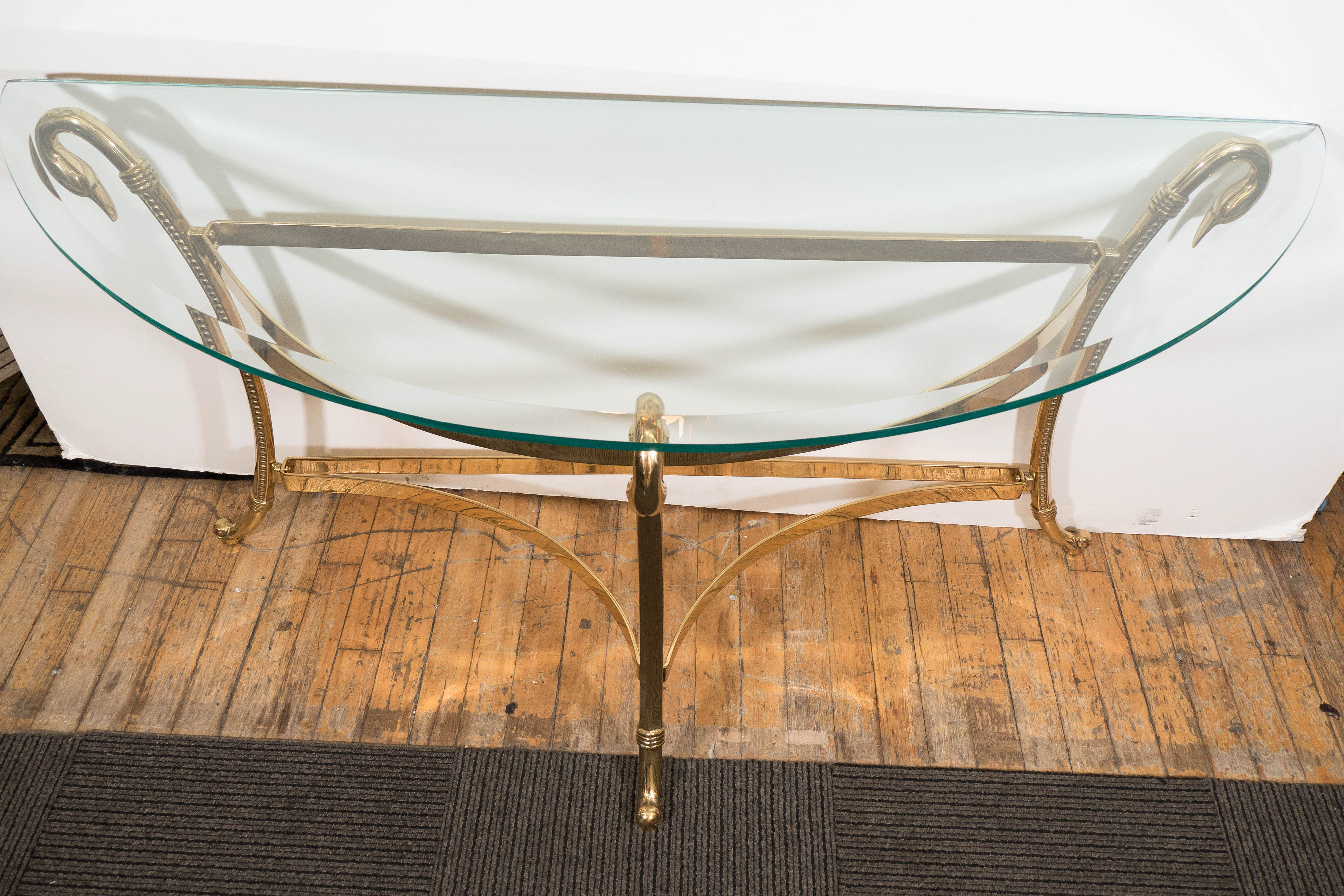 Late 20th Century A Mid-Century Brass and Glass Top Demi-Lune Console with Swan Head Motif