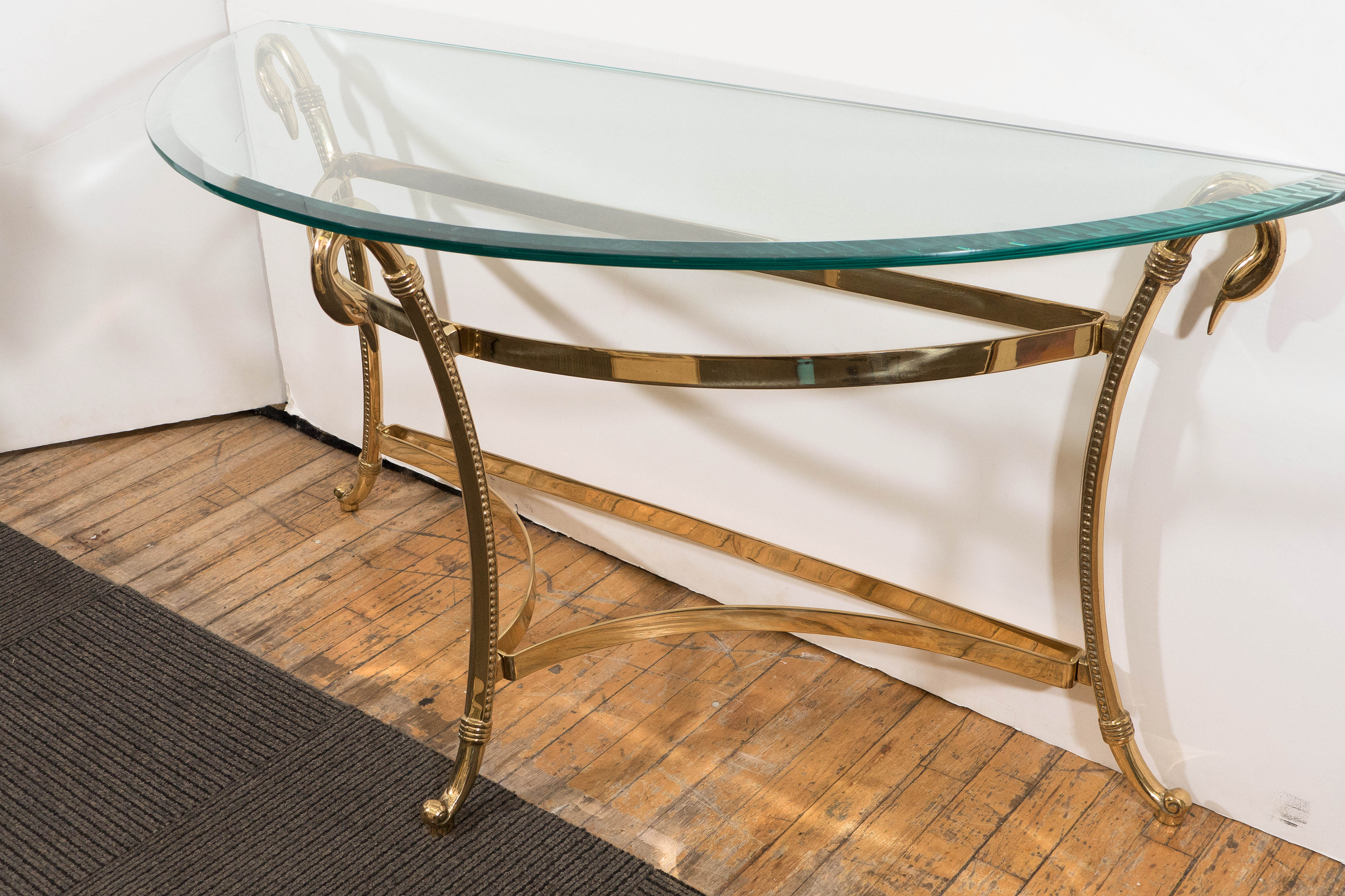 A Mid-Century Brass and Glass Top Demi-Lune Console with Swan Head Motif 2