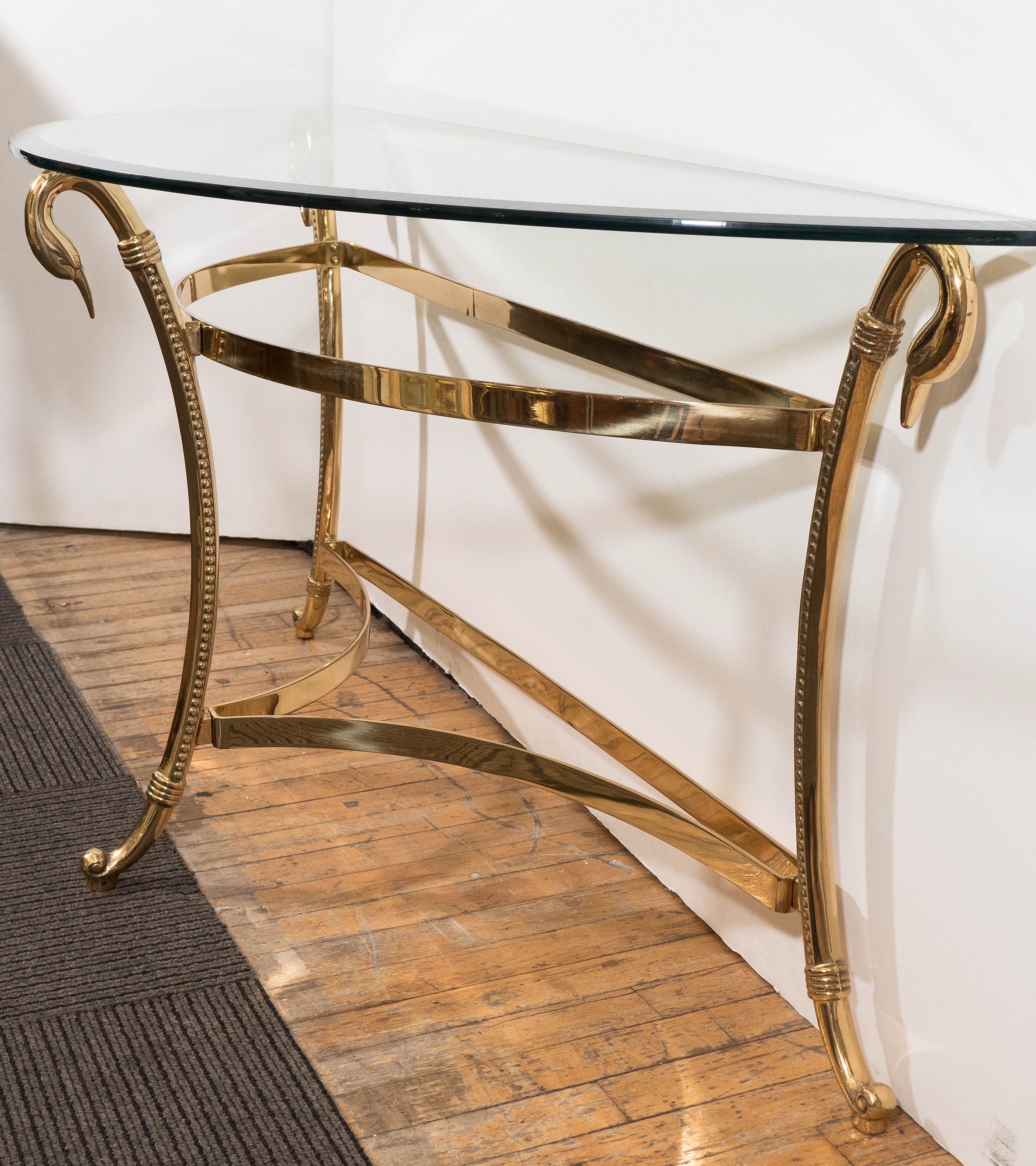 A Mid-Century Brass and Glass Top Demi-Lune Console with Swan Head Motif 3