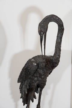 Pair of Patinated Bronze Cranes on Turtles