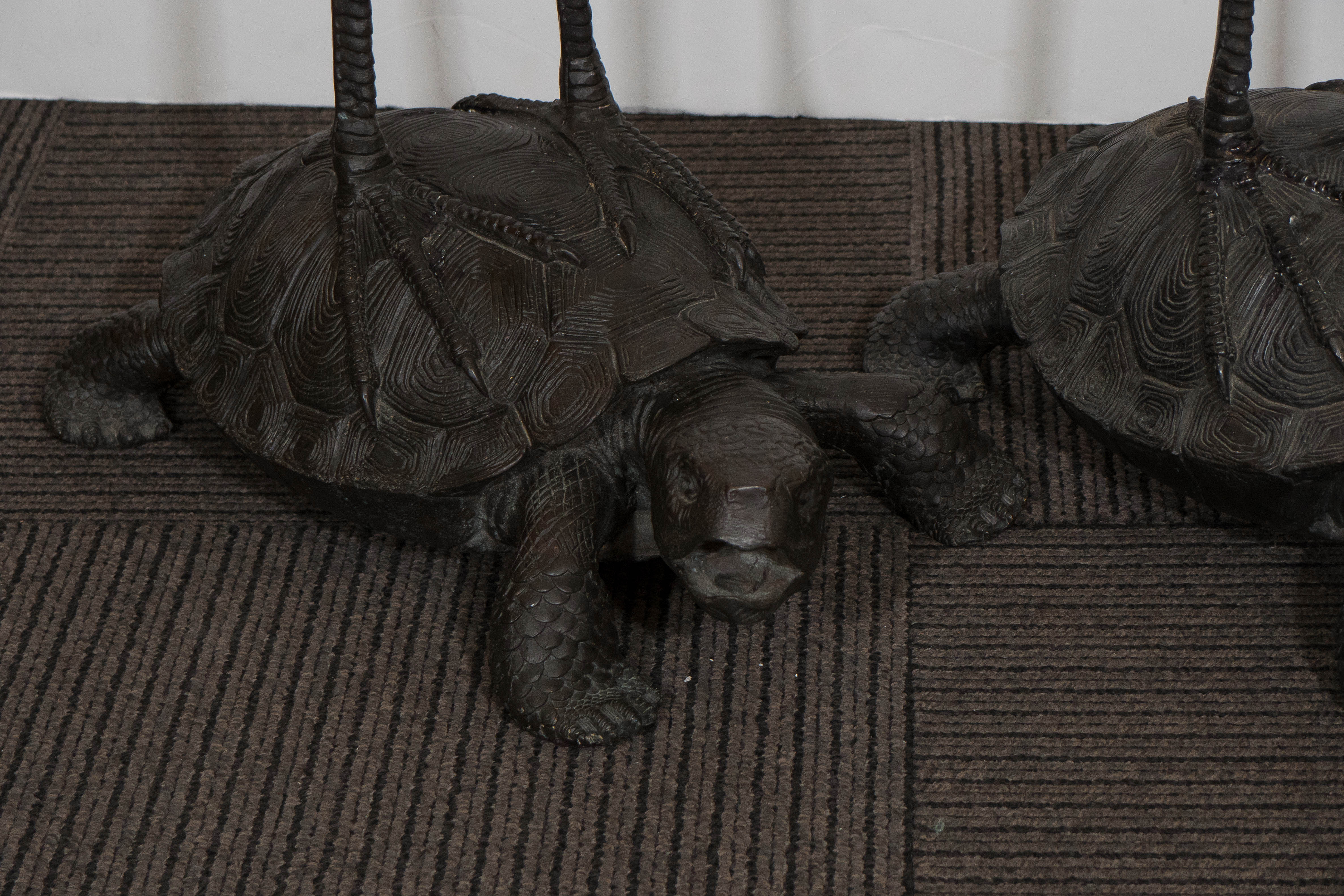 20th Century Pair of Patinated Bronze Cranes on Turtles