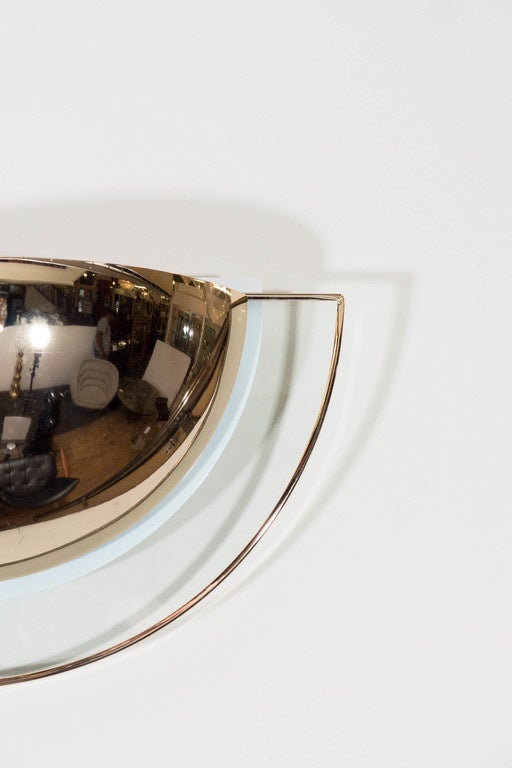 Pair of Half Moon Wall Sconces in Brass and Glass at 1stdibs